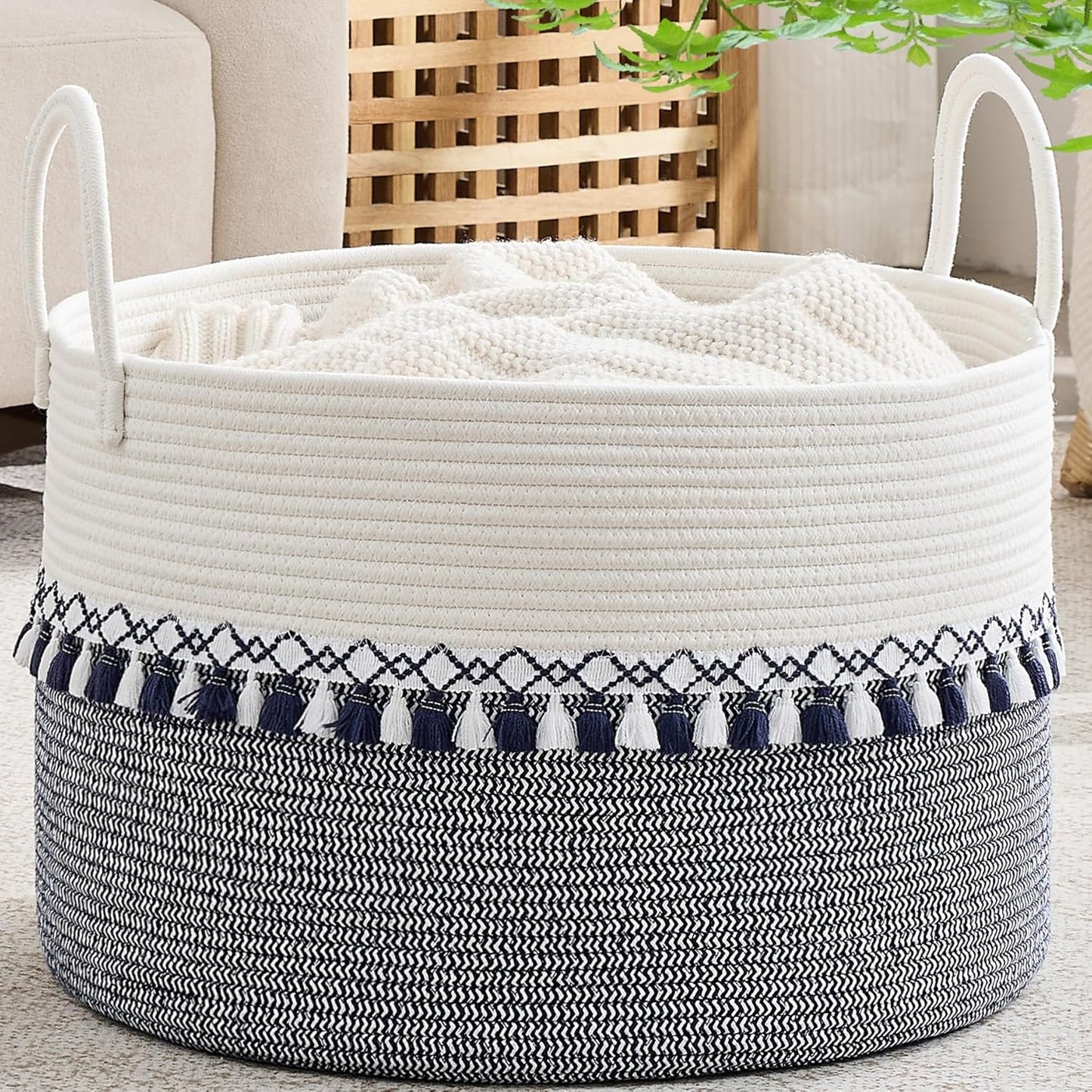 KAKAMAY Large Blanket Basket (20"x13"),Woven Baskets for storage Baby Laundry Hamper, Cotton Rope Blanket Basket for Living Room, Laundry, Nursery, Pillows, Baby Toy chest (White/Brown)