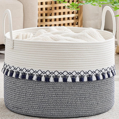 KAKAMAY Large Blanket Basket (20"x13"),Woven Baskets for storage Baby Laundry Hamper, Cotton Rope Blanket Basket for Living Room, Laundry, Nursery, Pillows, Baby Toy chest (White/Brown)