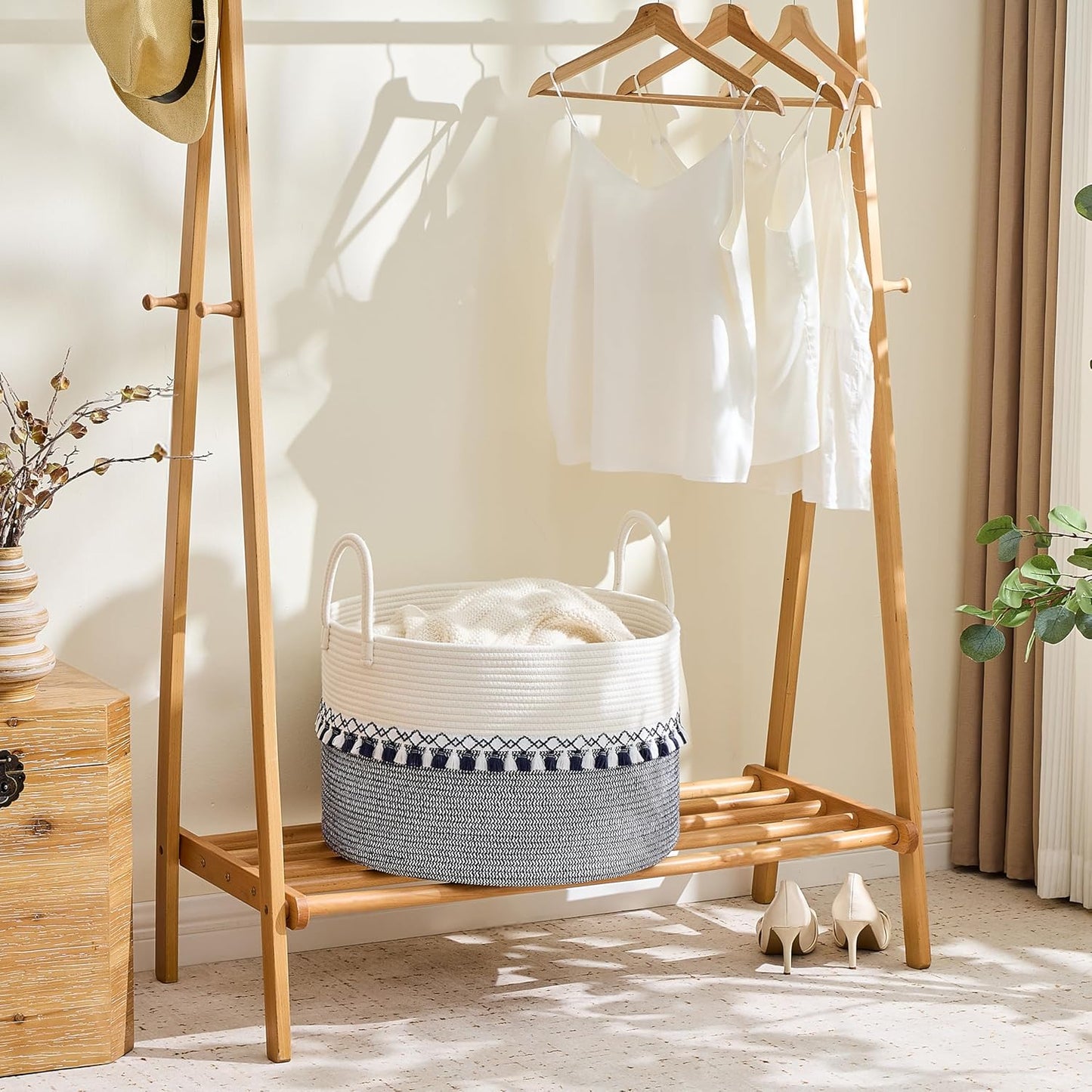 KAKAMAY Large Blanket Basket (20"x13"),Woven Baskets for storage Baby Laundry Hamper, Cotton Rope Blanket Basket for Living Room, Laundry, Nursery, Pillows, Baby Toy chest (White/Brown)