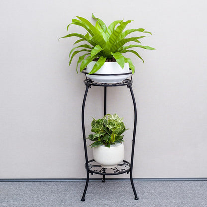 FaithLand 2 Pack Metal Plant Stands, Tall Planter Holder Indoor Outdoor, 2 Tier Round Potted Supports Rack, Corner Display Shelf Black