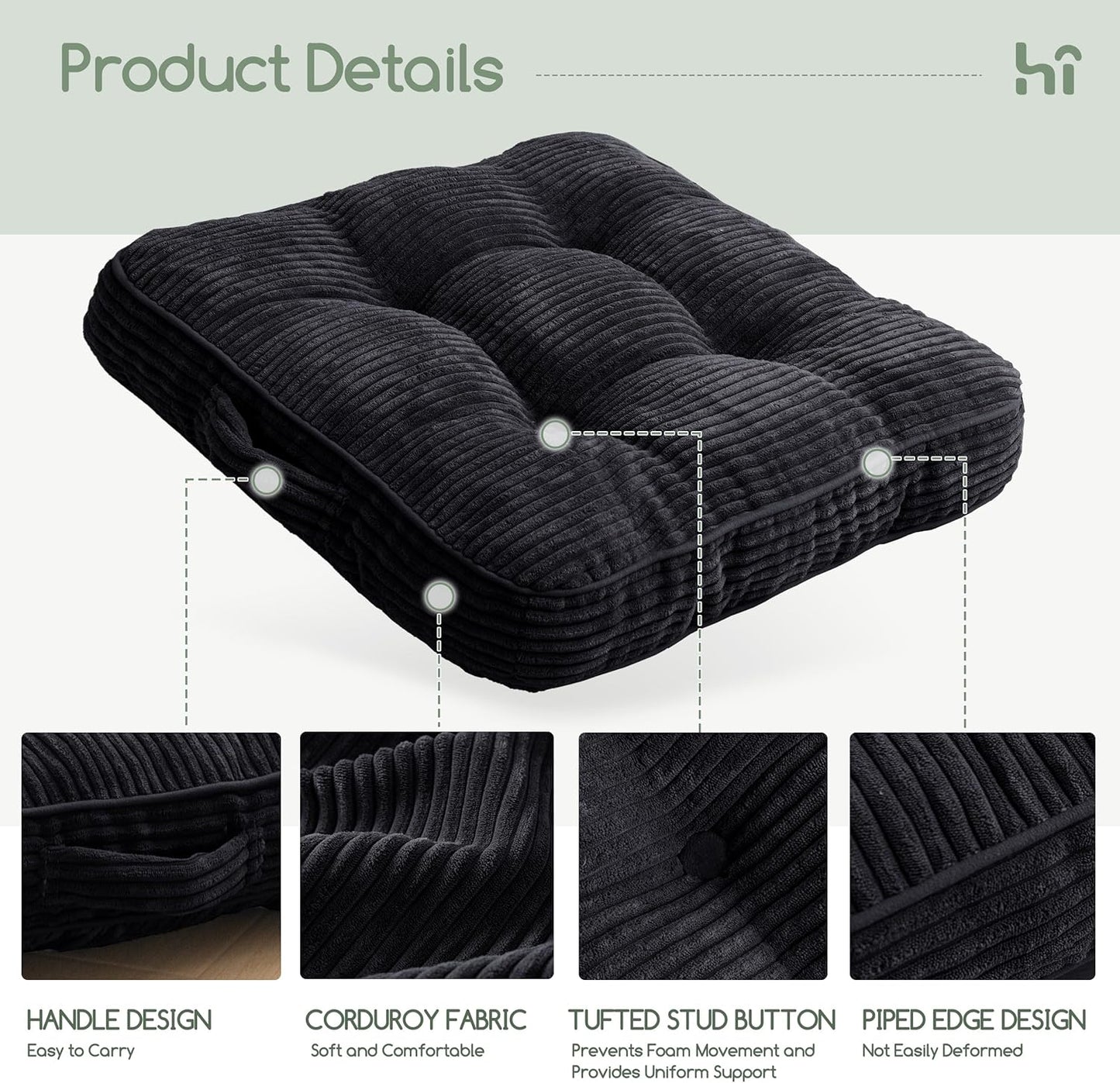 HIGOGOGO 6" Extra Thick Floor Pillow Cushion for Adults, Meditation Cushion Pillow, Large Square Floor Sitting, Tufted Corduroy Cover, for Tatami Living Room or Yoga, 22x22 Inch, 2Pack, Dark Grey
