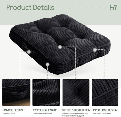 HIGOGOGO 6" Extra Thick Floor Pillow Cushion for Adults, Meditation Cushion Pillow, Large Square Floor Sitting, Tufted Corduroy Cover, for Tatami Living Room or Yoga, 22x22 Inch, 2Pack, Dark Grey