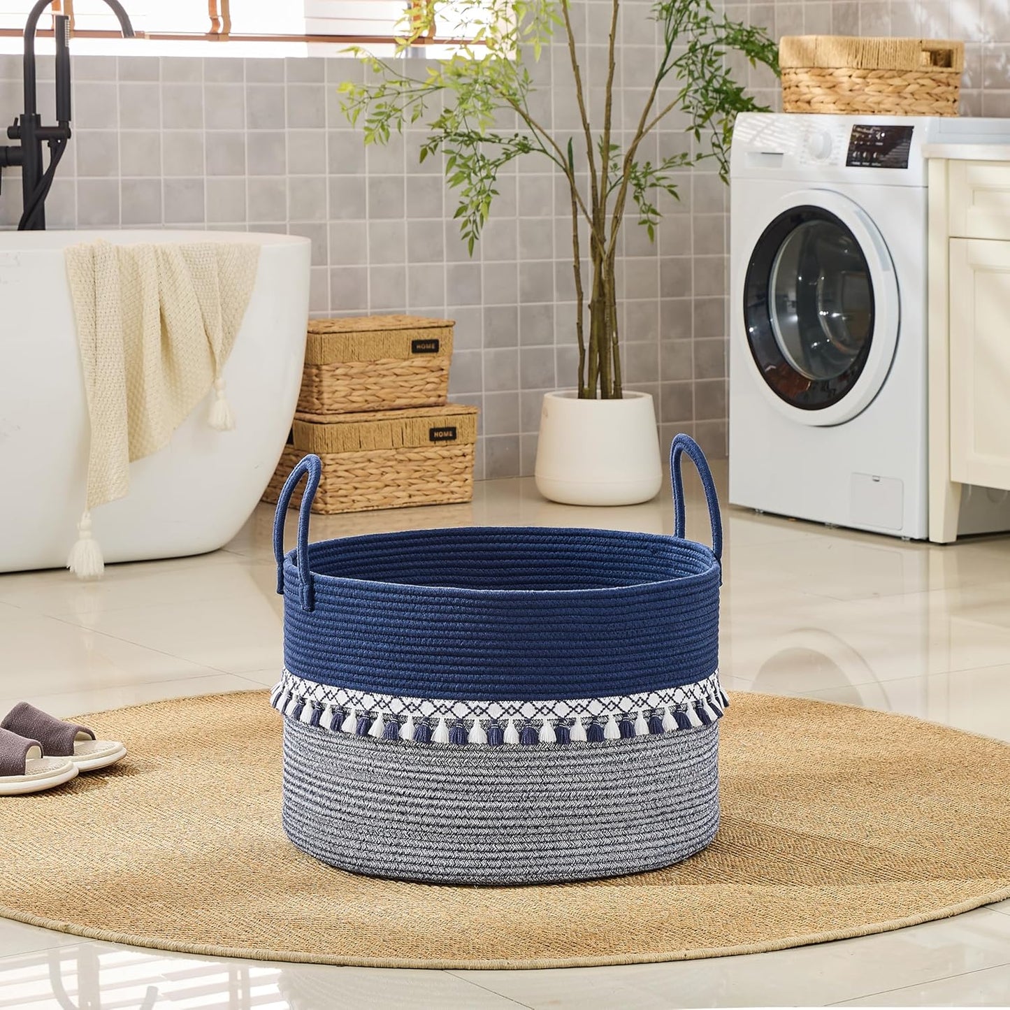 KAKAMAY Large Blanket Basket (20"x13"),Woven Baskets for storage Baby Laundry Hamper, Cotton Rope Blanket Basket for Living Room, Laundry, Nursery, Pillows, Baby Toy chest (White/Brown)