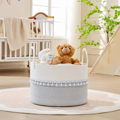 KAKAMAY Large Blanket Basket (20"x13"),Woven Baskets for storage Baby Laundry Hamper, Cotton Rope Blanket Basket for Living Room, Laundry, Nursery, Pillows, Baby Toy chest (White/Brown)