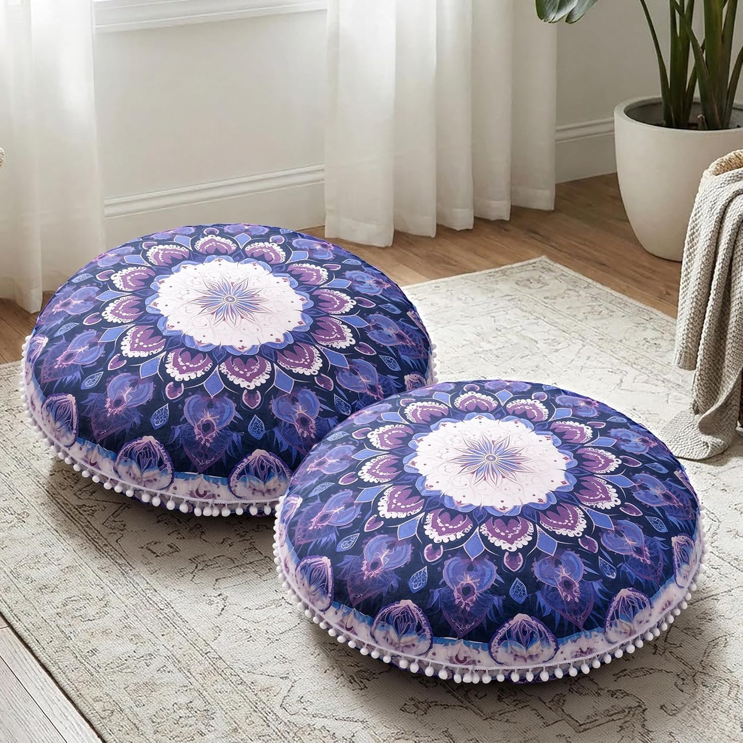 Meditation Cushion Set of 2, 32 Inch Extra Thick Memory Foam Round Floor Pillow with Removable Washable Cover, Bohemian Mandala Yoga Cushion for Adults - Ideal Holiday Decor, Brown