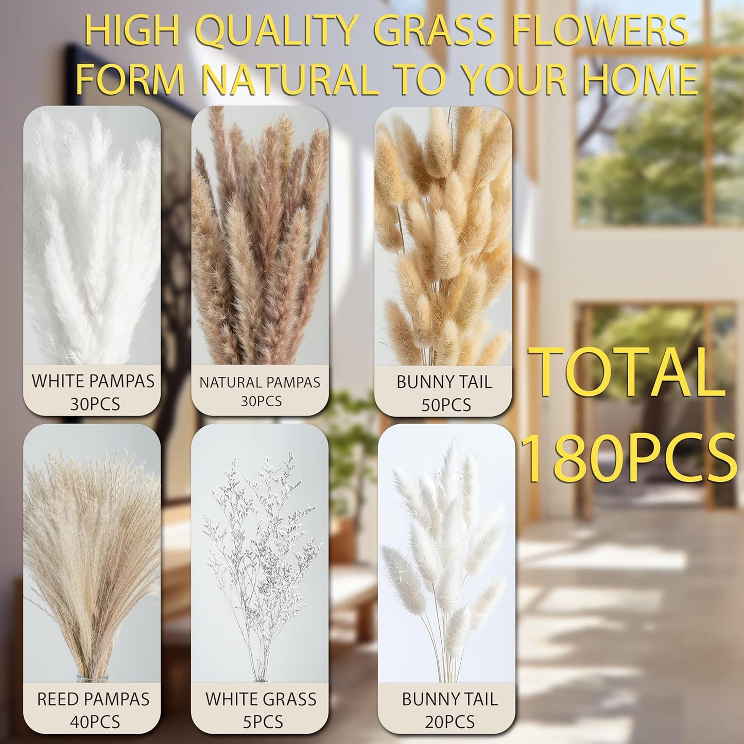 floradream 95 PCS Natural Pampas Grass Decor Bouquet | Boho Dried Floral Arrangement Centerpiece Table Decor Wedding Decor Rustic Decor, Natural, white, beige (Fdm-b-01)
