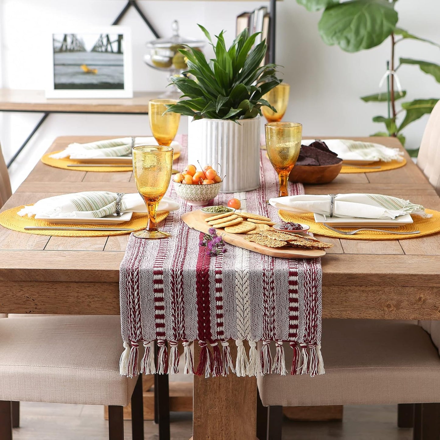 DII Farmhouse Braided Stripe Table Runner Collection, 15x72 (15x77, Fringe Included), Black