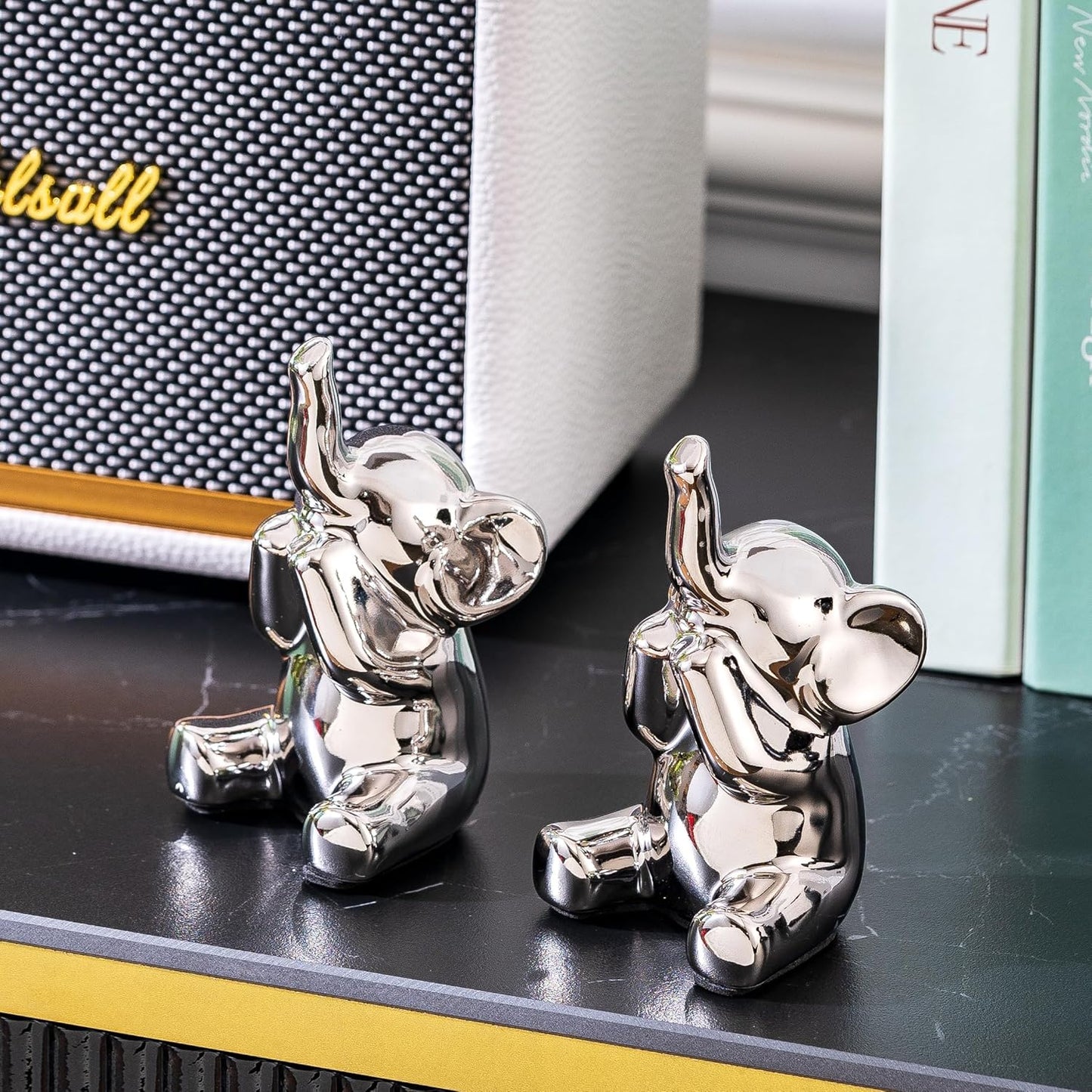SURE YUESI for Mom from Daughter or Son, Pair of Small Gold Elephant Figurines, Modern Boho Decorative Statues, Lucky Elephant Home Decor for Living Room, Bedroom, Office Desk & Shelf