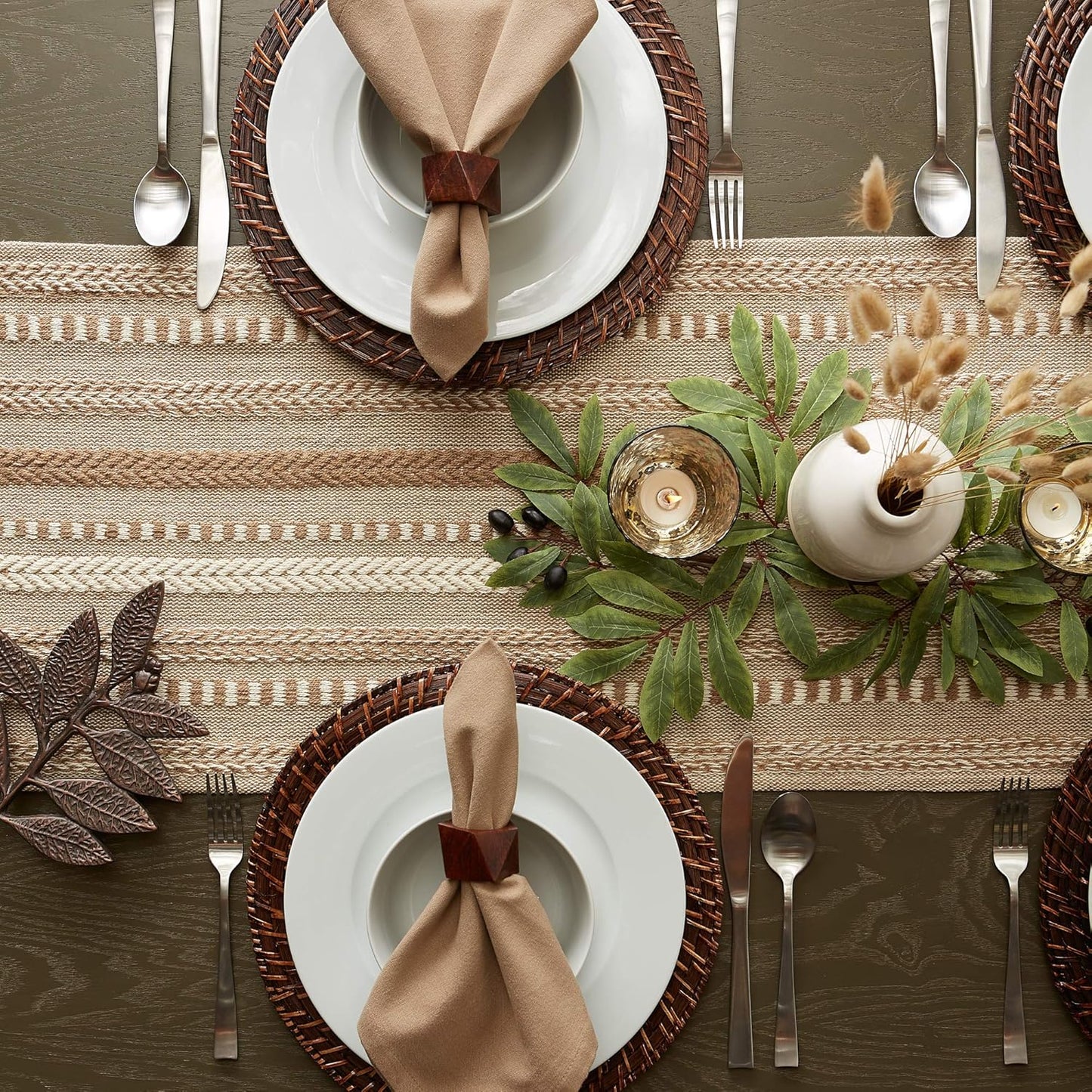 DII Farmhouse Braided Stripe Table Runner Collection, 15x72 (15x77, Fringe Included), Black