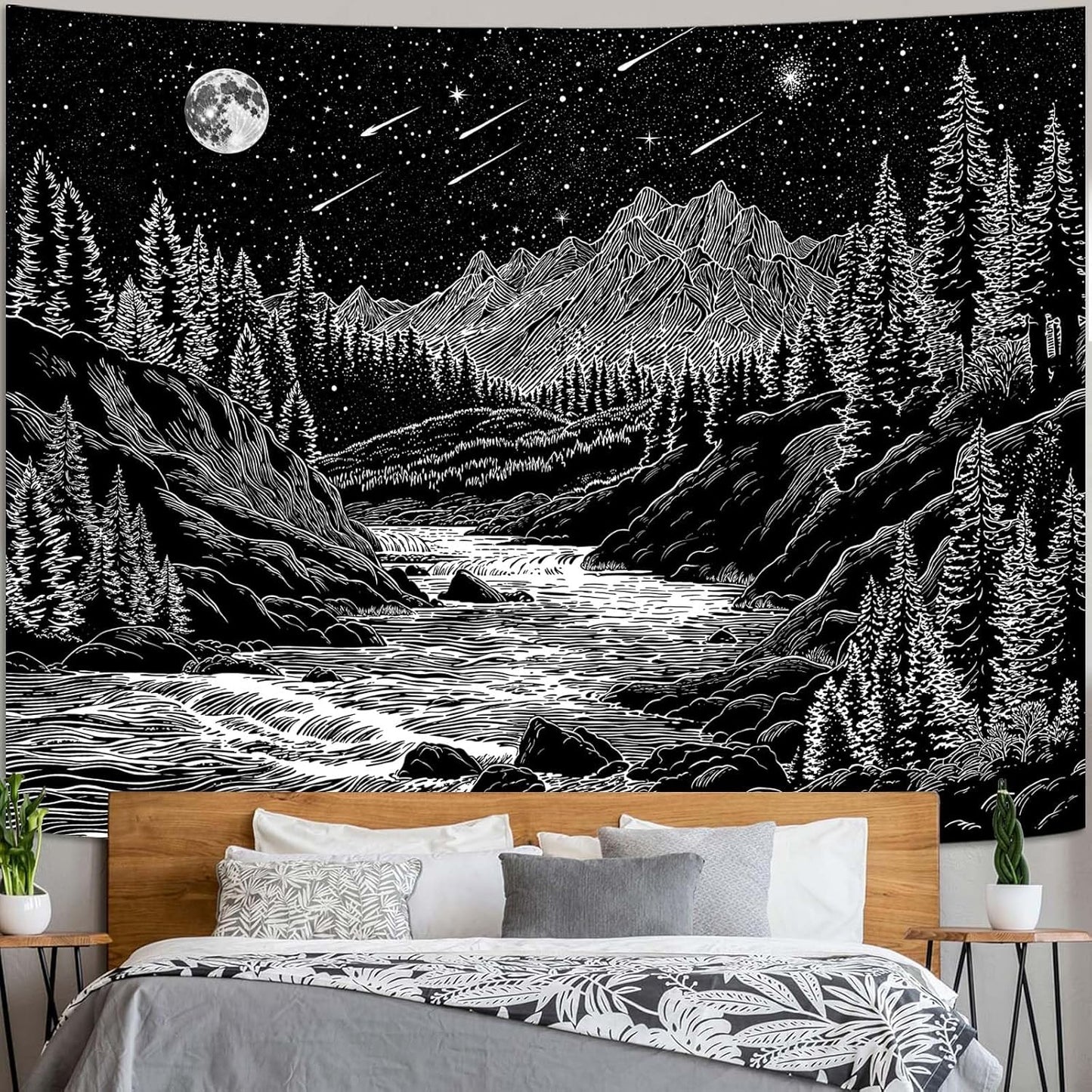 Zussun Black and White Tapestry Starry Night Mountain Tapestries for Bedroom Aesthetic Moon and Stars Tapastry's Wall Hanging Dark Nature Forest Wall Tapestry for Living Room Dorm (48'' × 36'')