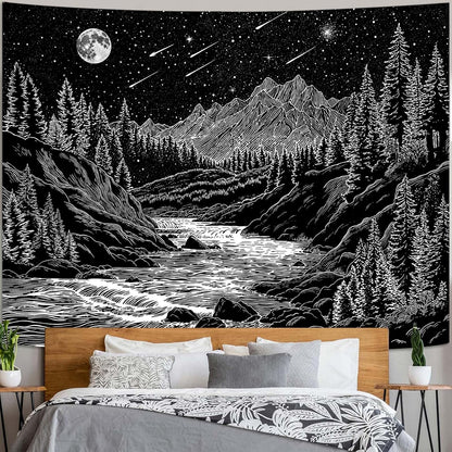 Zussun Black and White Tapestry Starry Night Mountain Tapestries for Bedroom Aesthetic Moon and Stars Tapastry's Wall Hanging Dark Nature Forest Wall Tapestry for Living Room Dorm (48'' × 36'')