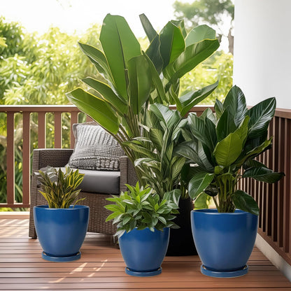 10 Inch Ceramic Planter Pot Round Plant Pot for Indoor Plants Outdoor Large Flower Pot with Drainage Hole and Saucer Blue