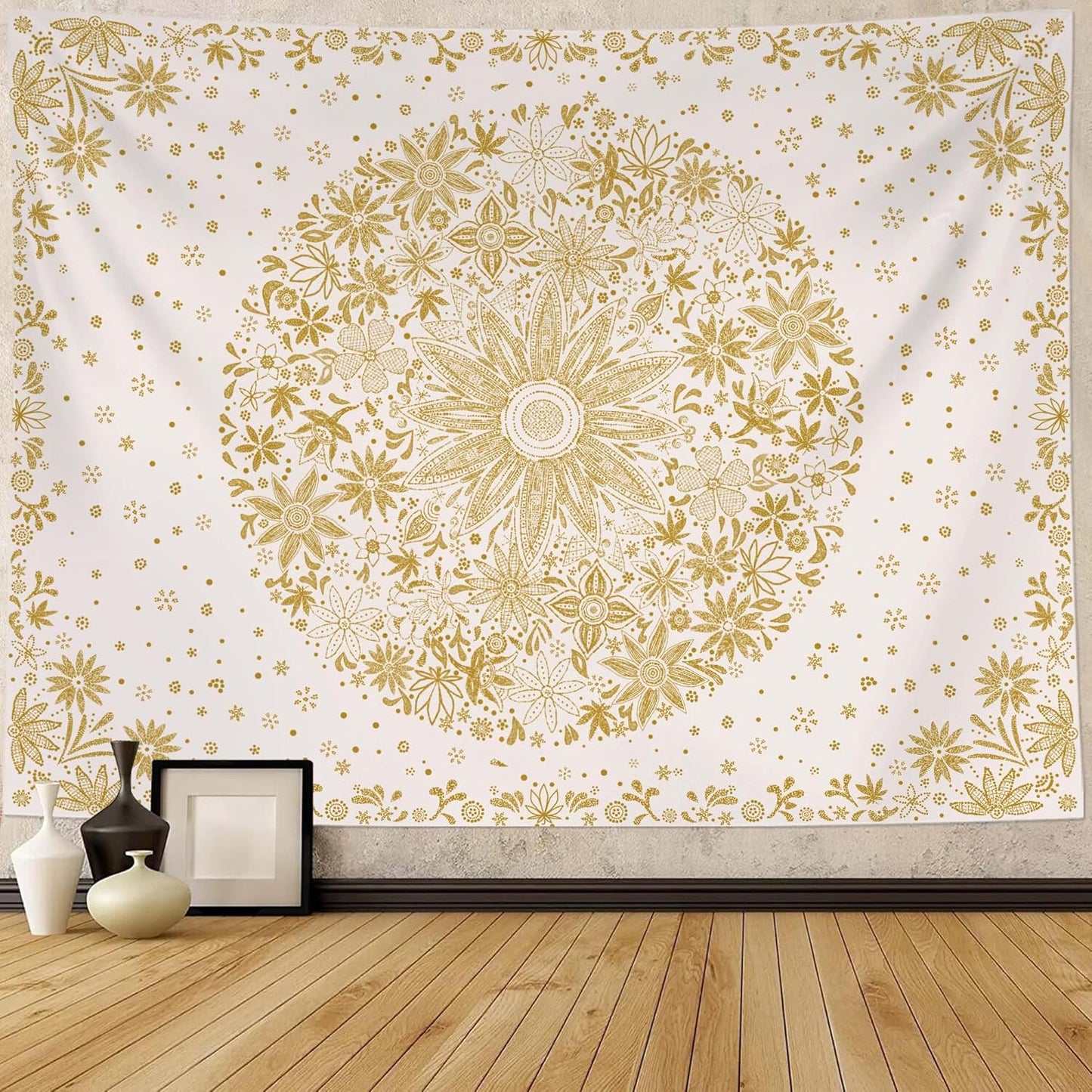 Neasow Bohemian Tapestry Wall Hanging, Beige White Floral Tapestry with Dotted Daisy Medallion Print Bedroom Boho Hippie Home Decor, 36×48 inches