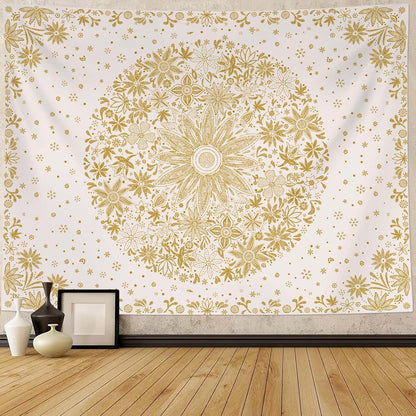 Neasow Bohemian Tapestry Wall Hanging, Beige White Floral Tapestry with Dotted Daisy Medallion Print Bedroom Boho Hippie Home Decor, 36×48 inches