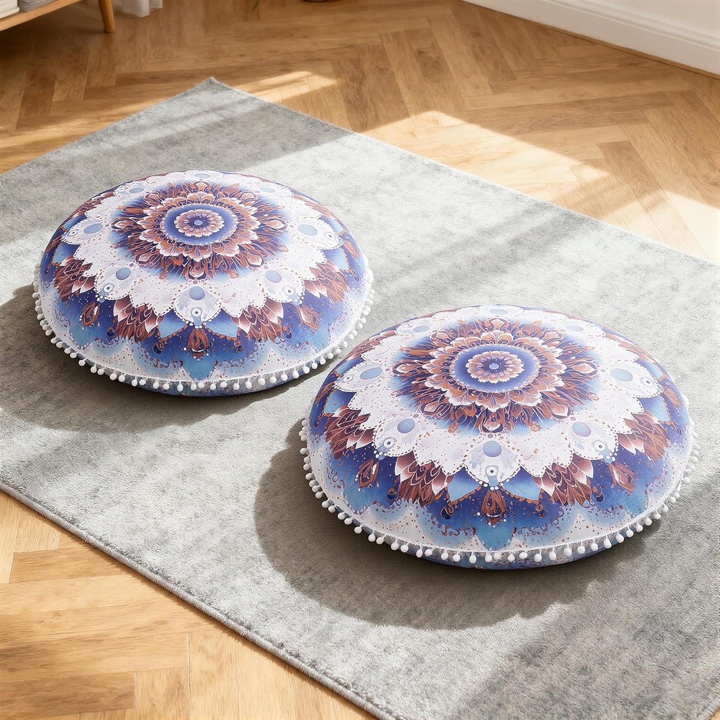 Meditation Cushion Set of 2, 32 Inch Extra Thick Memory Foam Round Floor Pillow with Removable Washable Cover, Bohemian Mandala Yoga Cushion for Adults - Ideal Holiday Decor, Brown