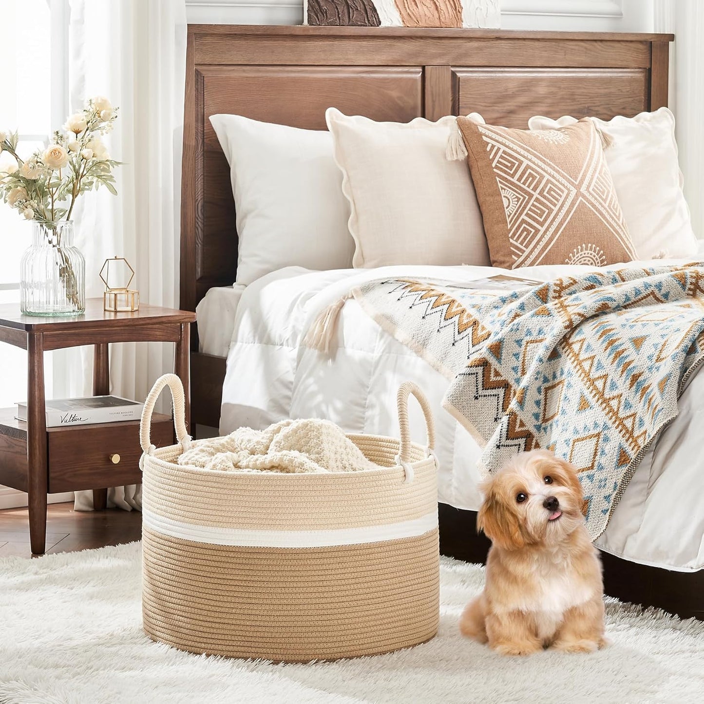 KAKAMAY Large Blanket Basket (20"x13"),Woven Baskets for storage Baby Laundry Hamper, Cotton Rope Blanket Basket for Living Room, Laundry, Nursery, Pillows, Baby Toy chest (White/Brown)