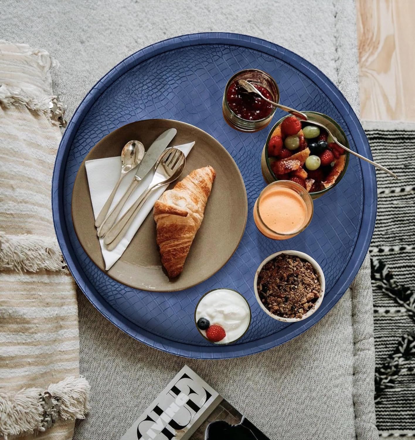 HofferRuffer Round Serving Tray 20'', Elegant Faux Leather Circle Ottoman Table Tray, Serve Tea Coffee Breakfast in Bedroom Living Room Kitchen (Brown)