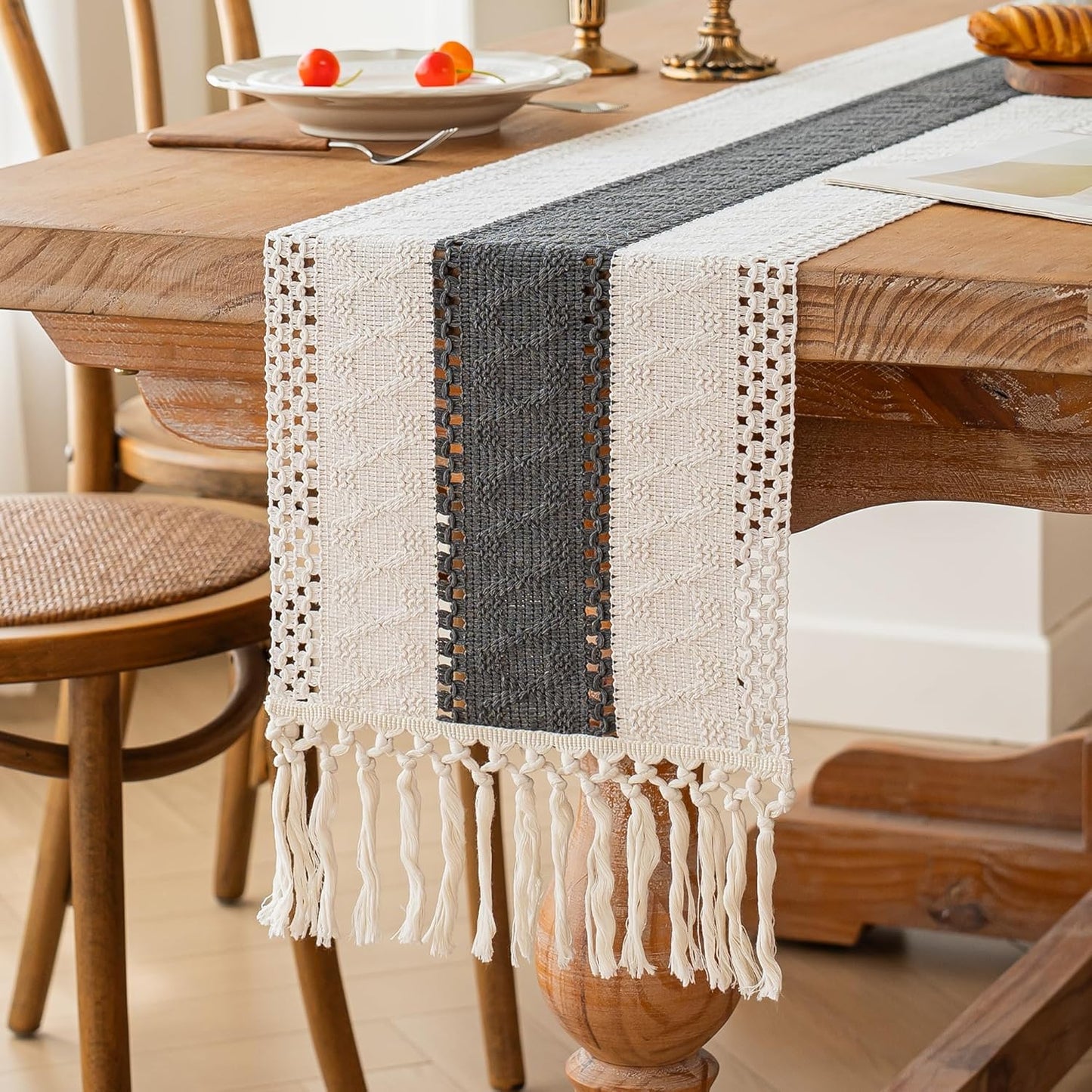 FEXIA Boho Table Runner for Thanksgiving Fall Christmas Home Decor with Tassels 72 Inches Long Pottery barn Furniture Farmhouse Rustic Macrame Burlap Table Decoration for Living Room (12x72 Inches)