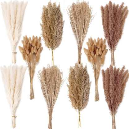 65PCS Pampas Grass Decor, Including pompas Floral, Reed Dried Grass and Bunny Tails Dried Flowers, Natural Dried Pampas Grass Bouquet for Boho Decor Wedding, Home Decoration
