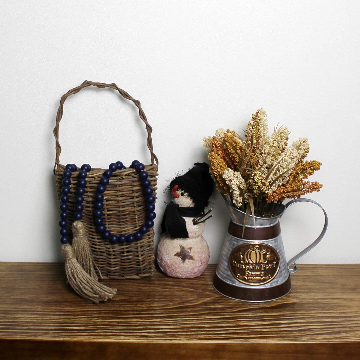 CVHOMEDECO. Wood Beads Garland with Tassels Farmhouse Rustic Wooden Prayer Bead String Wall Hanging Accent for Home Festival Decor. Mix Distressed