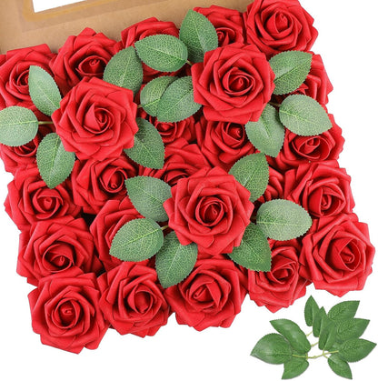 AmyHomie Artificial Flowers Dark Red Rose 25pcs Real Looking Fake Roses w/Stem for DIY Wedding Bouquets Centerpieces Arrangements Party Baby Shower Mothers Day Christmas Tree Decorations