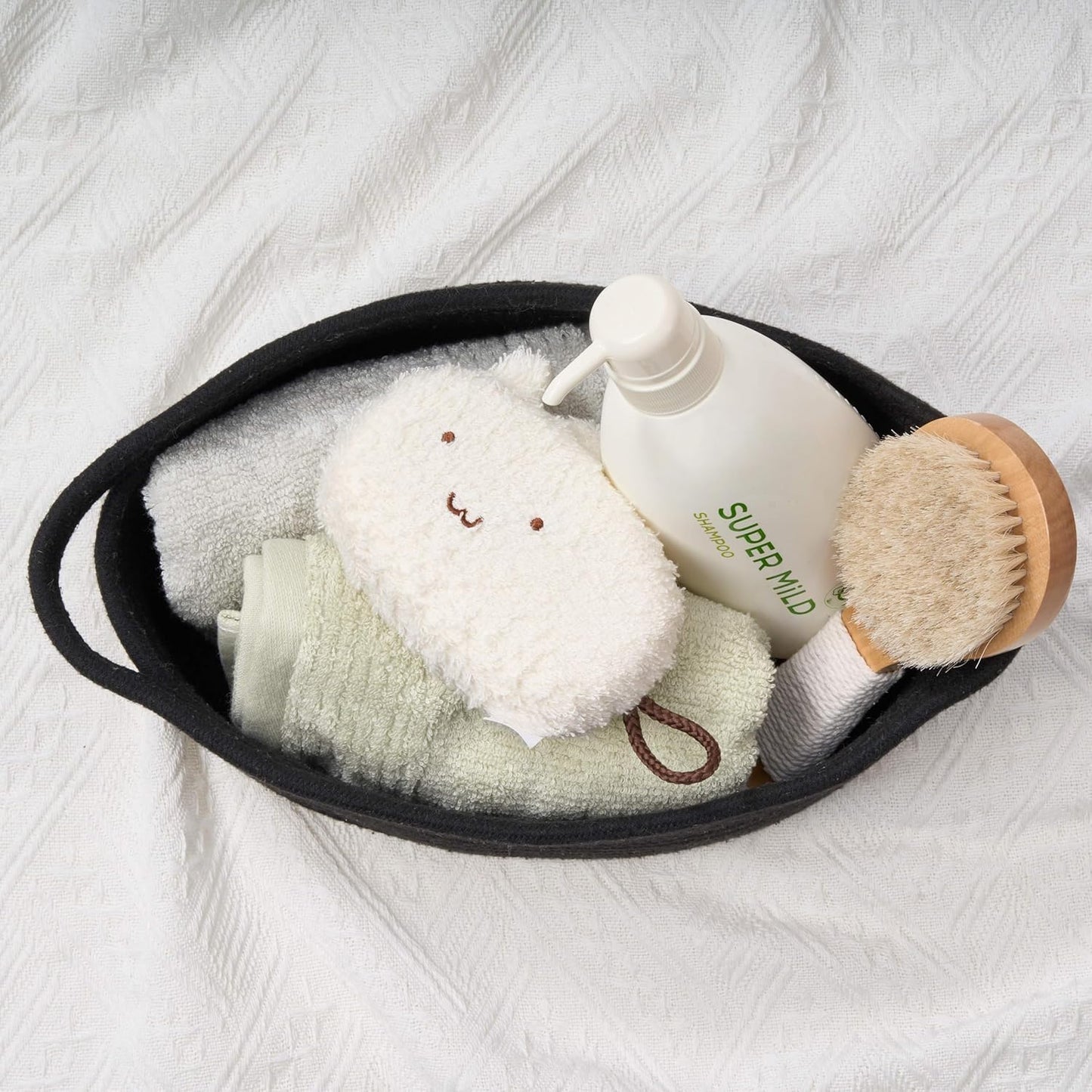 Small Woven Gift Basket Empty with Bag & Ribbon - Gifts for Mom, Baby Shower, Birthdays & Raffle - Cotton Rope Storage Basket for Dog Toys or Shelf - 12"x8"x5", White