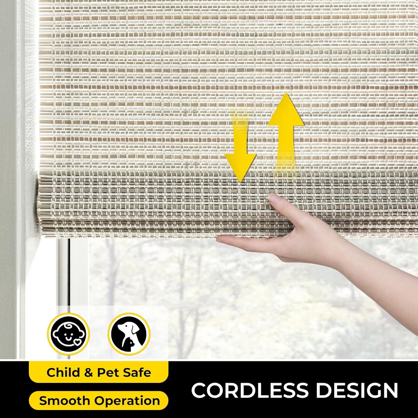 UNISHADES Cordless Bamboo Roman Shades for Windows, Blinds Size (26.5" W ×48" H) Colour (Highfield Teak)