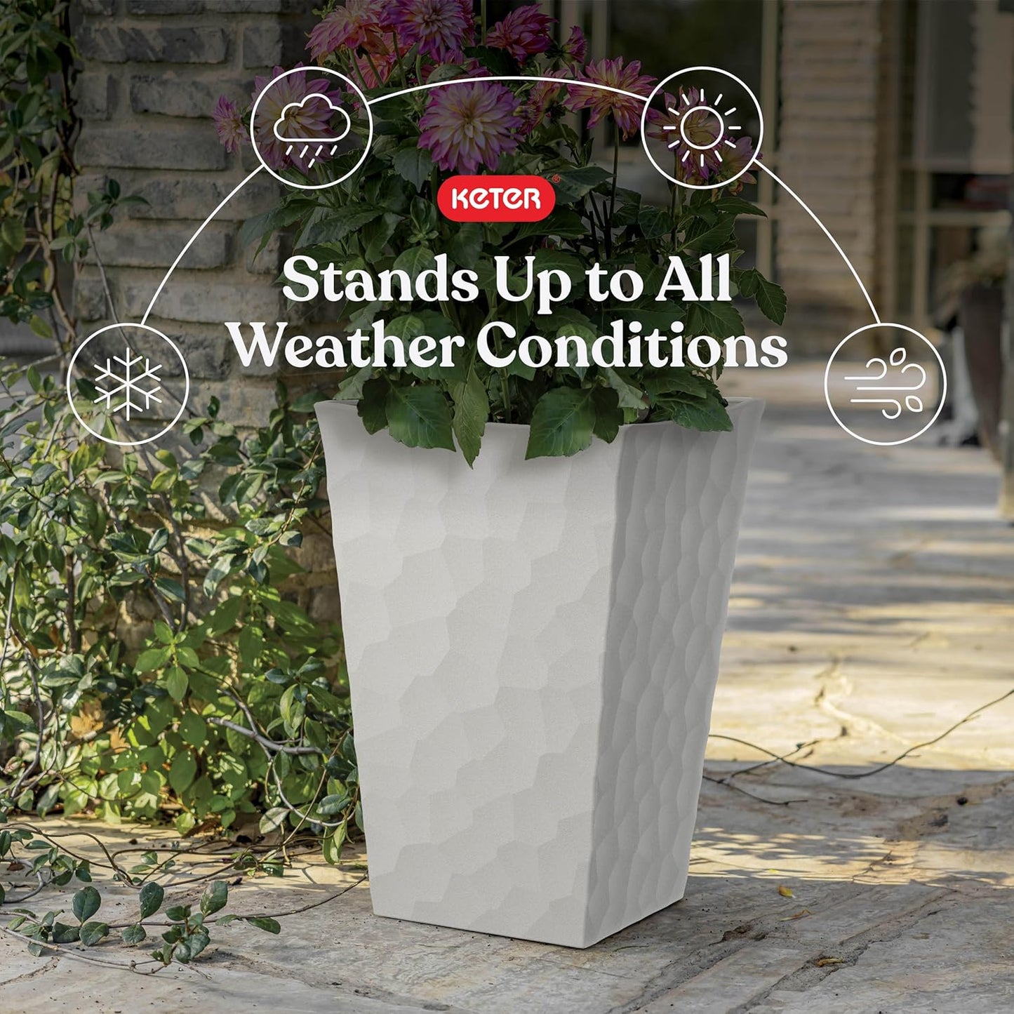 Keter Set of 2 Resin Modern Outdoor 22 Inch Tall Large Flower Pots, Tapered Wood Look Planters for Outdoor Plants and Front Porch Decor, Graphite