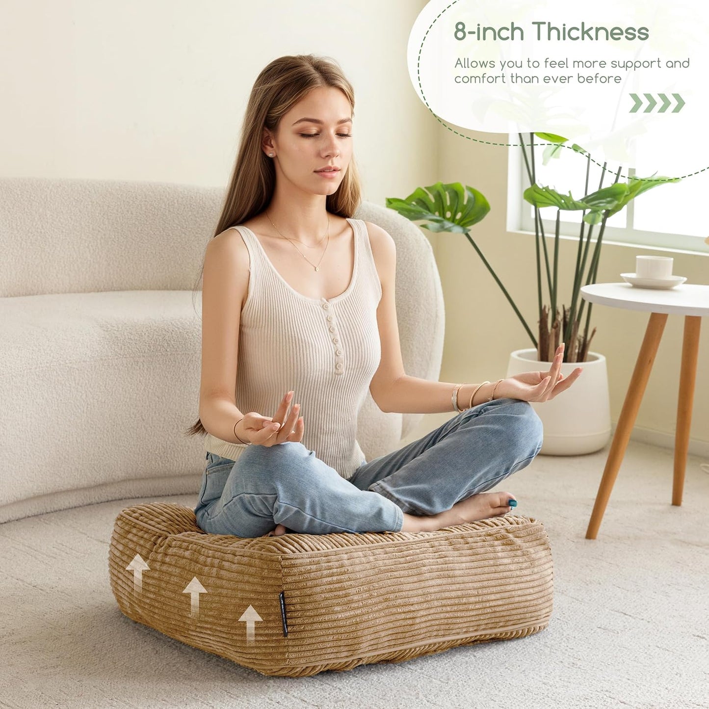 HIGOGOGO 6" Extra Thick Floor Pillow Cushion for Adults, Meditation Cushion Pillow, Large Square Floor Sitting, Tufted Corduroy Cover, for Tatami Living Room or Yoga, 22x22 Inch, 2Pack, Dark Grey