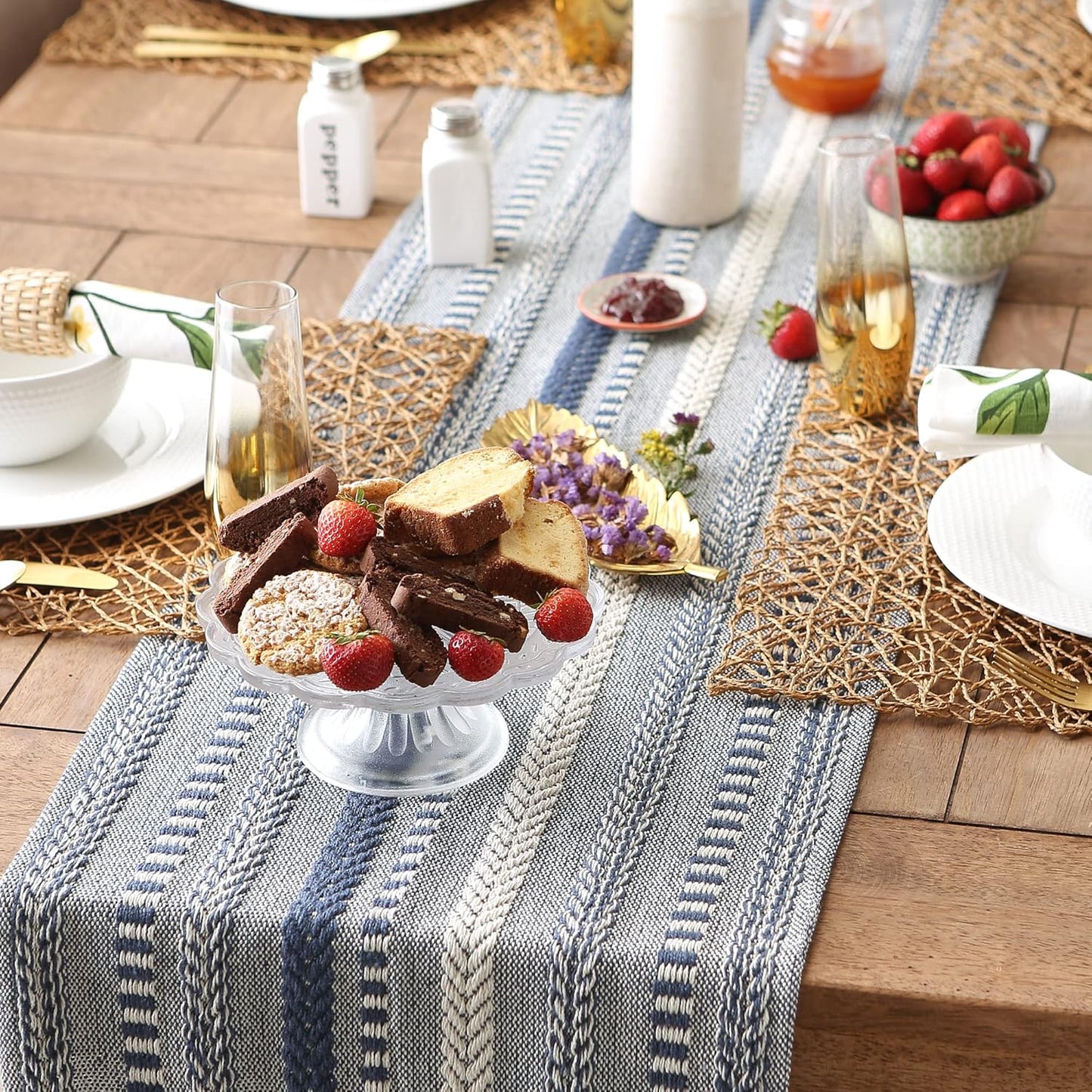 DII Farmhouse Braided Stripe Table Runner Collection, 15x72 (15x77, Fringe Included), Black