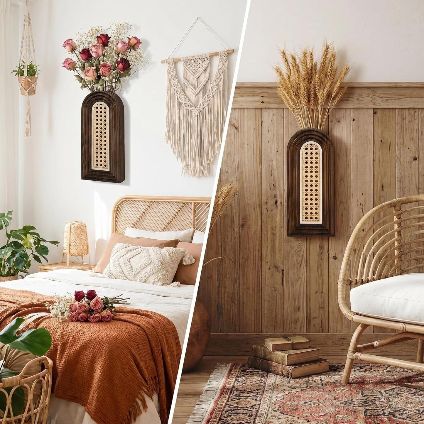 Dnnnii 2 Pack Wooden Wall Vase Set - Brown Finish Modern Farmhouse & Boho Wall Decor for Entryway, Hallway, Bathroom, Living Room, Dining Room, Narrow Spaces