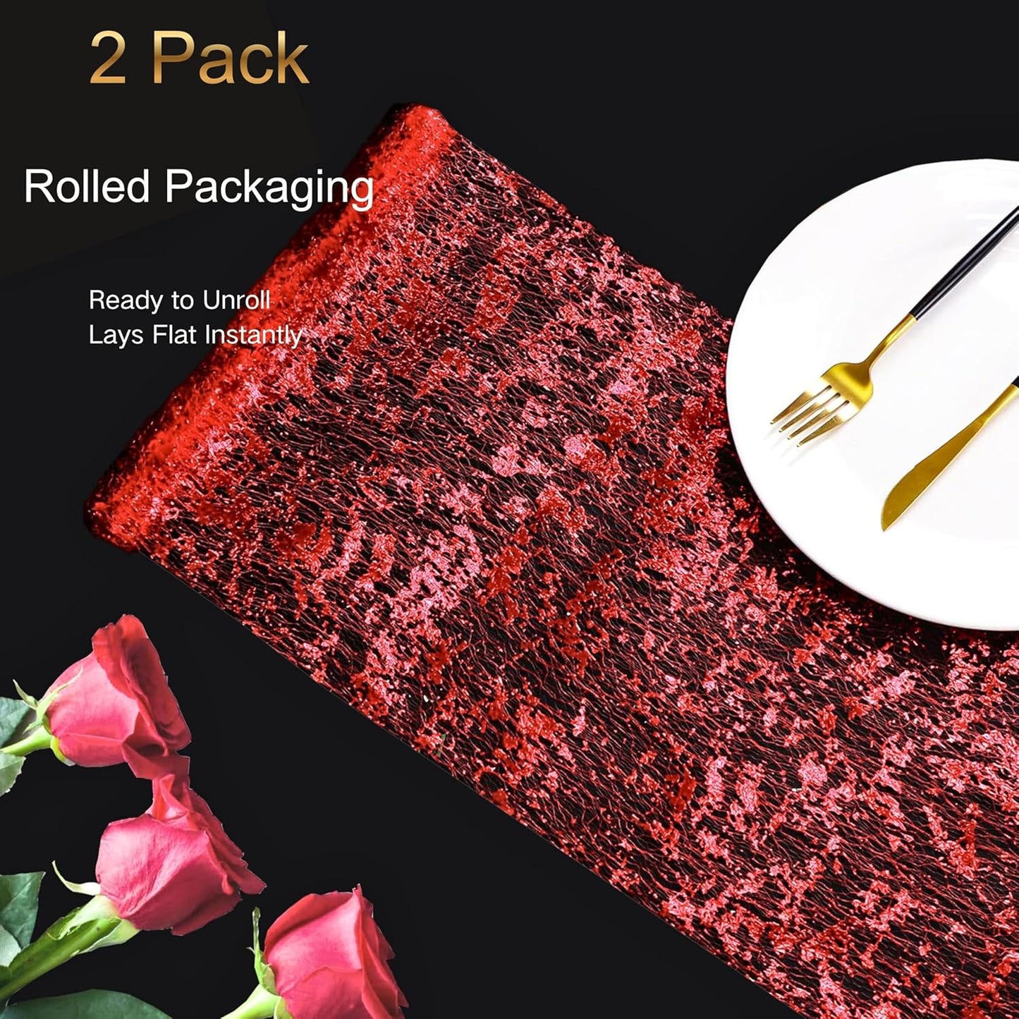 Snowkingdom 2 Pieces Gold Table Runner, Sequin Glitter Foil Metallic Thin Mesh Runner Roll 11"x108", Gold Table Decorations for Event Party, Wedding, Birthday Party, Christmas