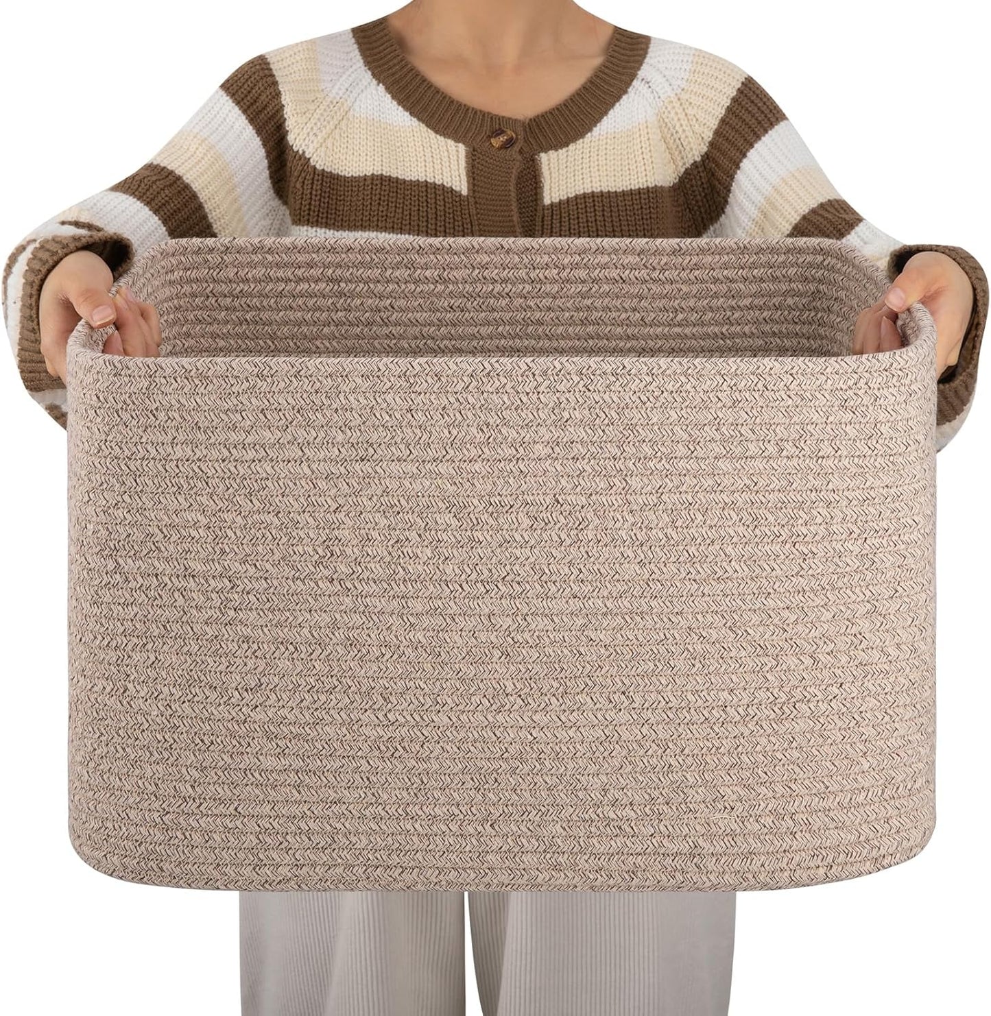 OIAHOMY 75L Large Woven Cotton Rope Storage Basket with Handle for Organizing Blanket and Toys for Living Room, Nursery, Brown Variegated 22”x17”x12”