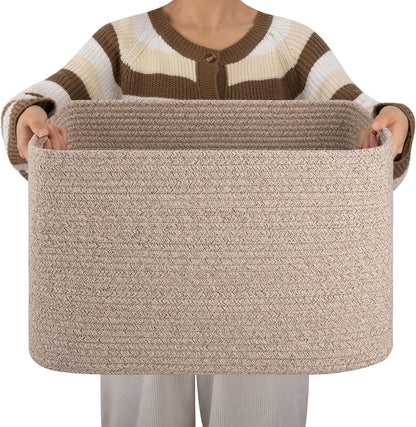 OIAHOMY 75L Large Woven Cotton Rope Storage Basket with Handle for Organizing Blanket and Toys for Living Room, Nursery, Brown Variegated 22”x17”x12”