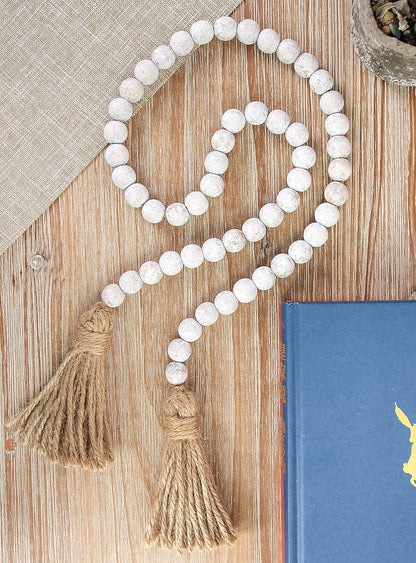 Wood Bead Garland Farmhouse Beads with Tassels,Farmhouse Tassel Garland Country Wall Hanging Decor Prayer Beads(39 inches/Nature)
