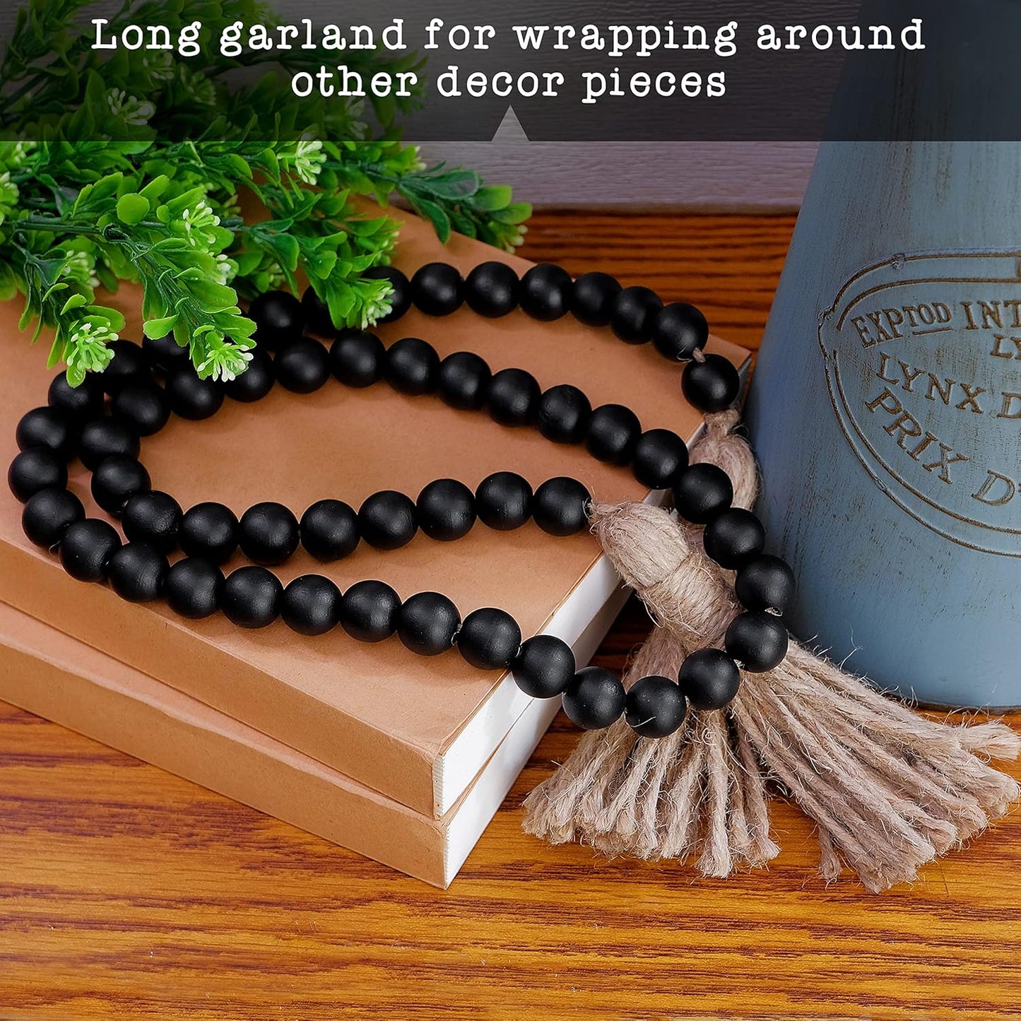 Farmhouse Wood Bead Garland Home Decor, Natural Wooden Garland for Tiered Tray, Decorative Tassel for Tier Tray, Rustic Beads Centerpiece Boho Table Decor, Beaded Accent White Washed