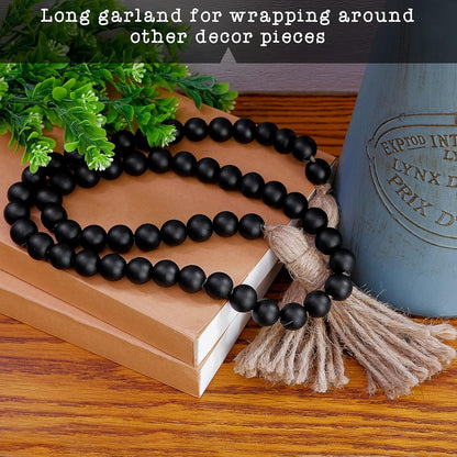 Farmhouse Wood Bead Garland Home Decor, Natural Wooden Garland for Tiered Tray, Decorative Tassel for Tier Tray, Rustic Beads Centerpiece Boho Table Decor, Beaded Accent White Washed
