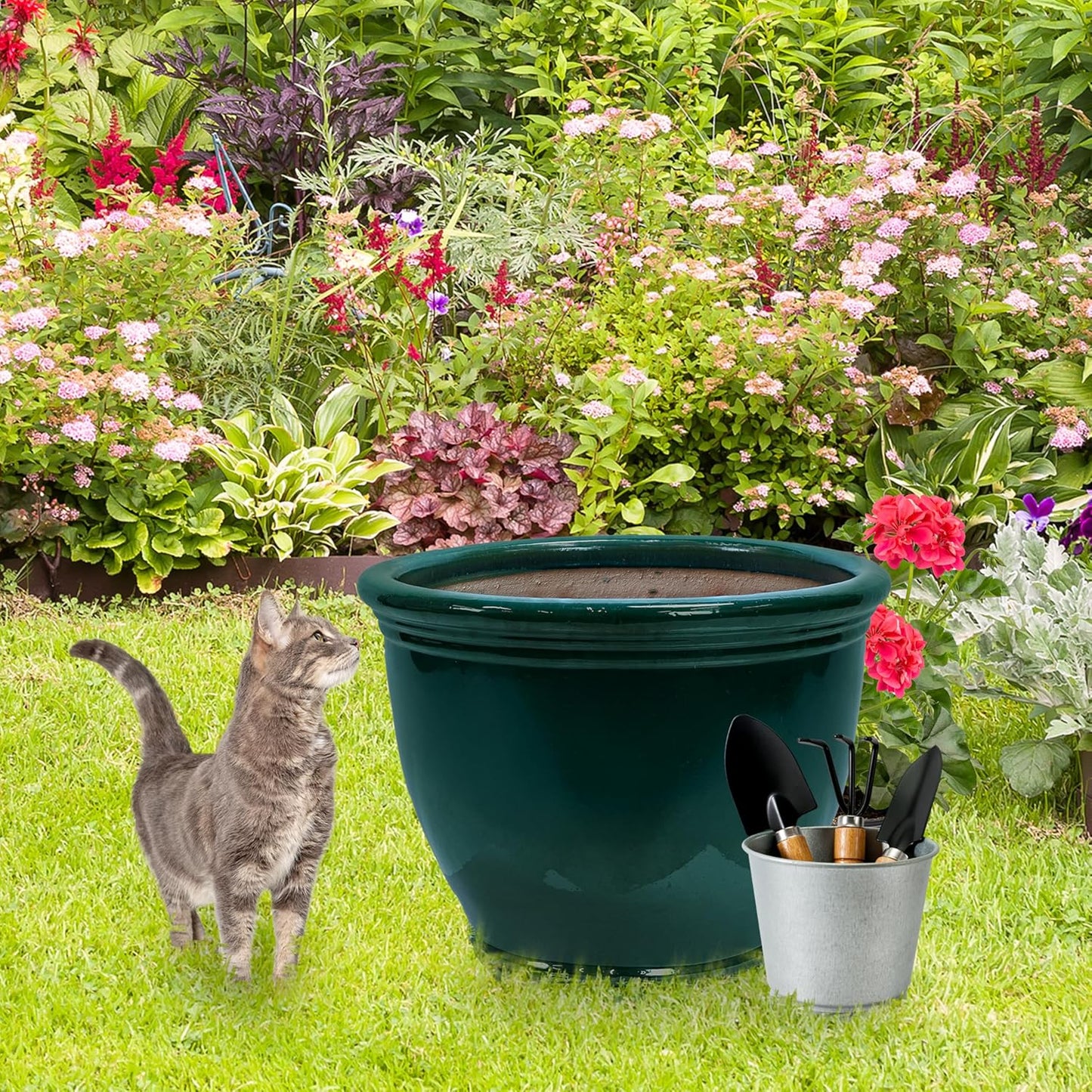 Sunnydaze Large Ceramic Plant Pot - Round Outdoor Glazed Ceramic Planter Pot with Drainage - Studio - Imperial Blue - 18.5"