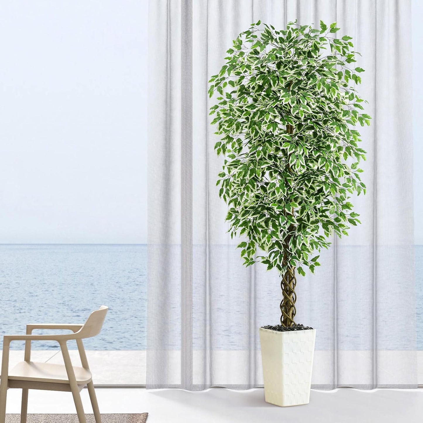 Artificial Ficus Tree 6FT Faux Plants Indoor Tall Fake Plants with White Planter, Green Lifelike Lush Fake Ficus Tree for Home Living Room Bedroom Outdoor Balcony House Office Decor