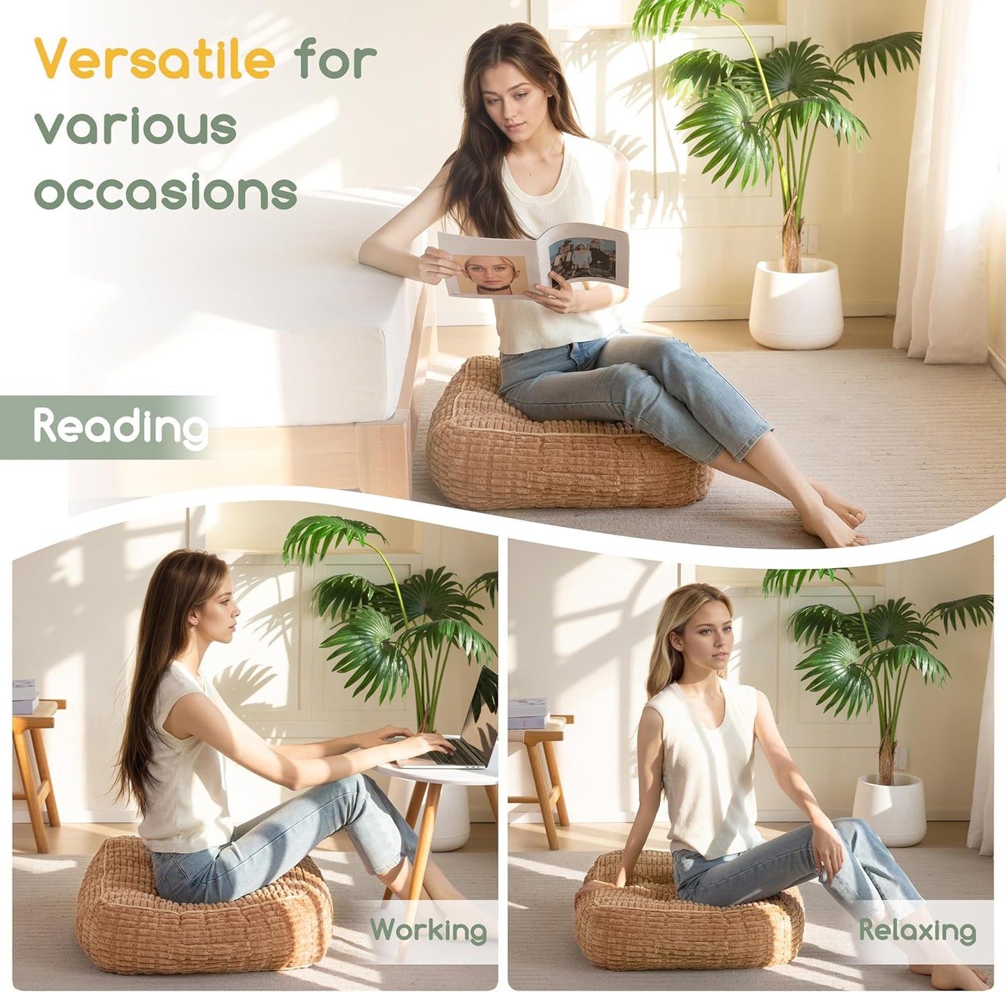 HIGOGOGO Floor Pillow Cushion for Adults, Meditation Cushion Pillow, Blended Corduroy Cover, Large Square Floor Sitting for Tatami Living Room or Yoga, 22x22 Inch, Beige