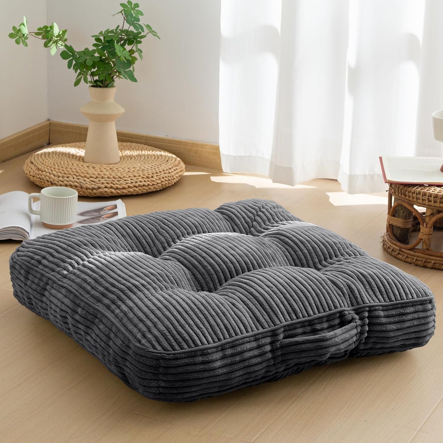 HIGOGOGO 6" Extra Thick Floor Pillow Cushion for Adults, Meditation Cushion Pillow, Large Square Floor Sitting, Tufted Corduroy Cover, for Tatami Living Room or Yoga, 22x22 Inch, 2Pack, Dark Grey