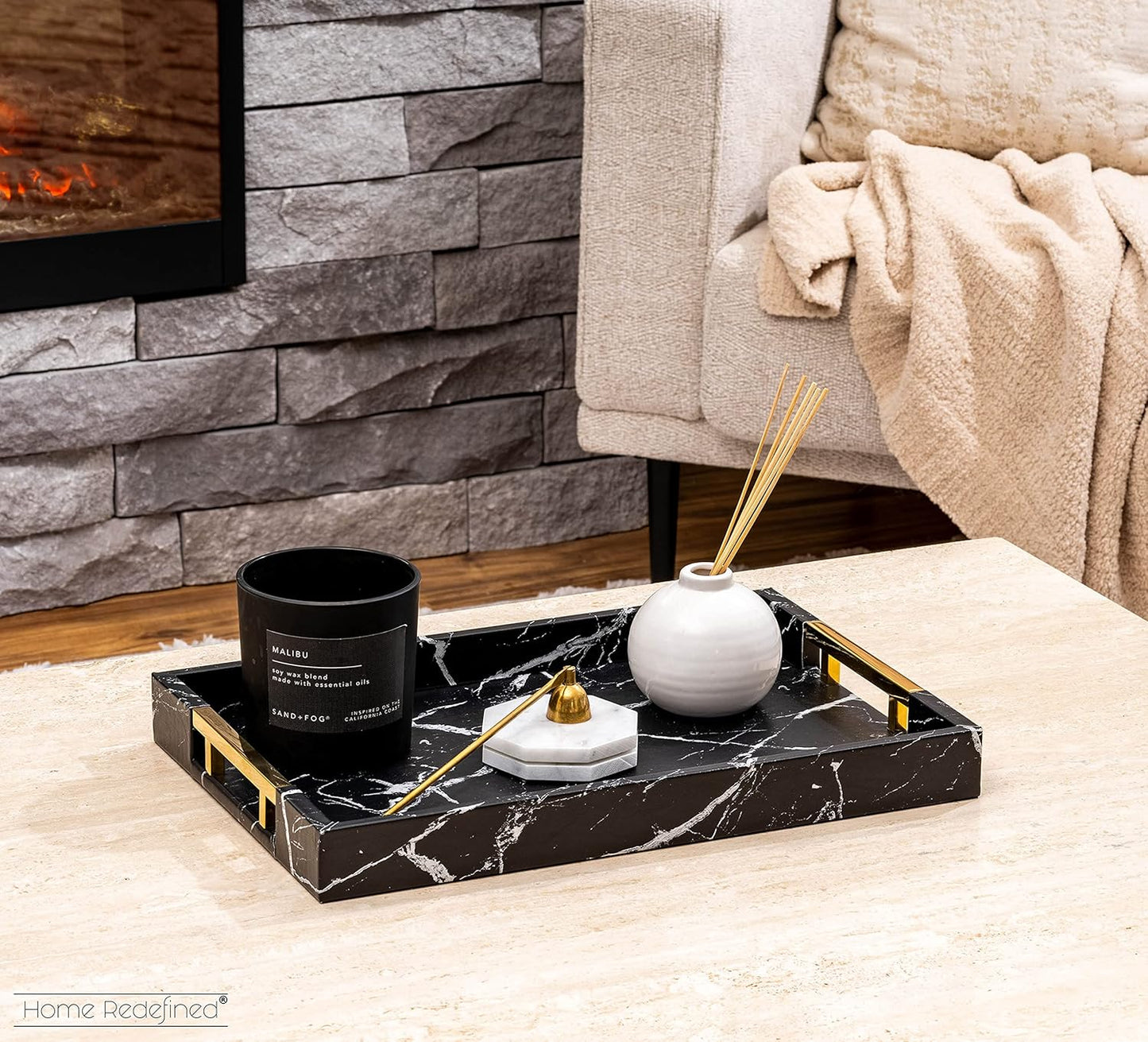Home Redefined Beautiful Modern Elegant 17.5"x12" Rectangle Classic Black Faux Leather Decorative Tray Ottoman Coffee Table Perfume Living Room Kitchen Serving Tray with Handles for All Occasion's