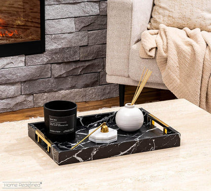 Home Redefined Beautiful Modern Elegant 17.5"x12" Rectangle Classic Black Faux Leather Decorative Tray Ottoman Coffee Table Perfume Living Room Kitchen Serving Tray with Handles for All Occasion's