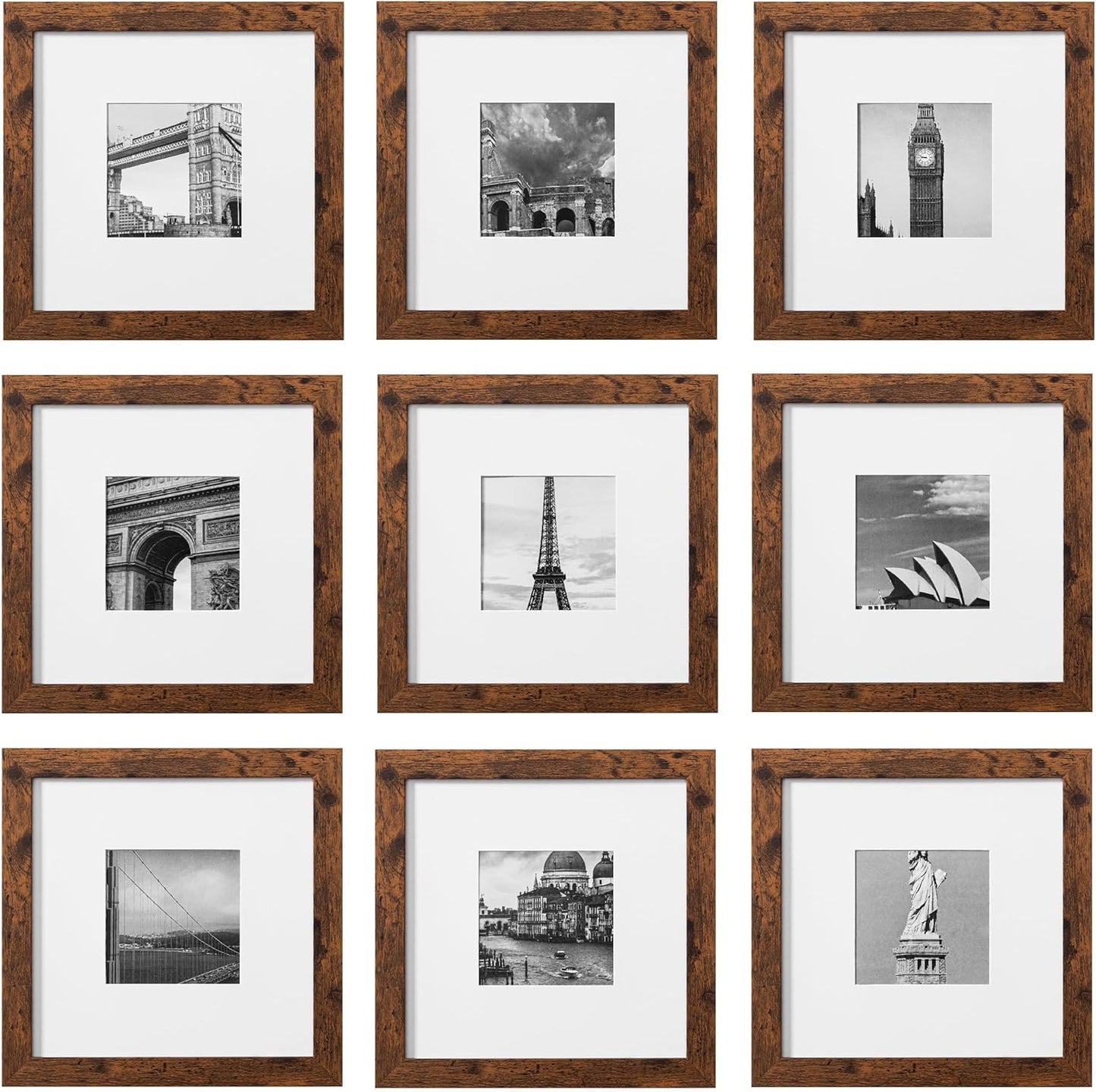 eletecpro 12x12 Picture Frames Set of 9 with Clear Acrylic Cover, Display 8x8 Photos with Mat or 12x12 Without, Classic and Sturdy Square Collage Gallery Wall Decor, Easy Wall Mount, Black
