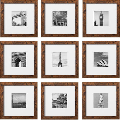 eletecpro 12x12 Picture Frames Set of 9 with Clear Acrylic Cover, Display 8x8 Photos with Mat or 12x12 Without, Classic and Sturdy Square Collage Gallery Wall Decor, Easy Wall Mount, Black