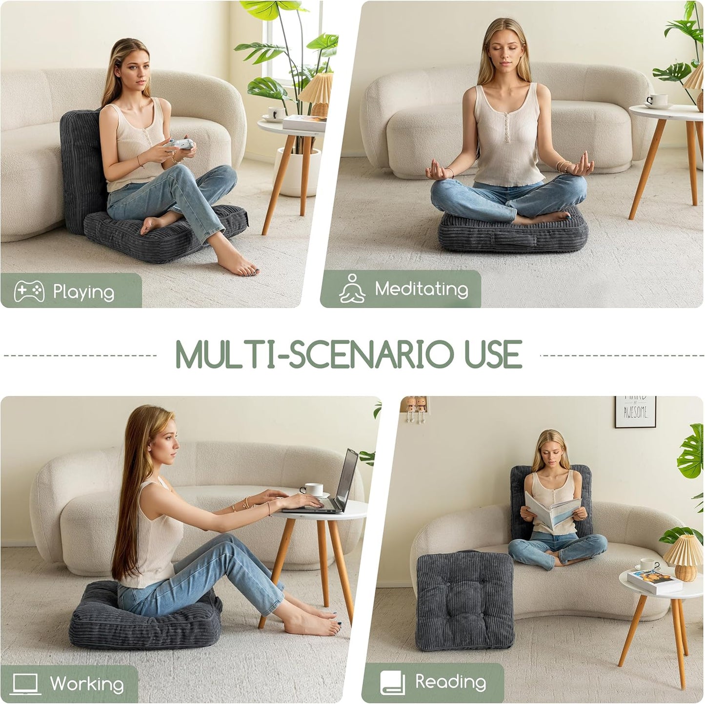 HIGOGOGO 6" Extra Thick Floor Pillow Cushion for Adults, Meditation Cushion Pillow, Large Square Floor Sitting, Tufted Corduroy Cover, for Tatami Living Room or Yoga, 22x22 Inch, 2Pack, Dark Grey