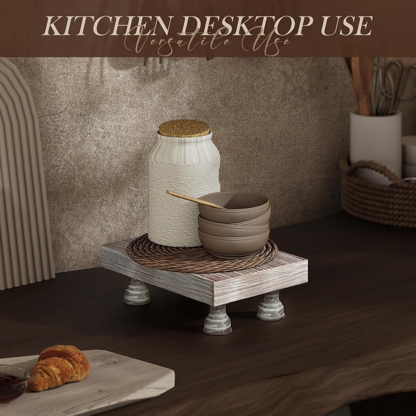 EOSAHR Farmhouse Riser for Room Decor : Decorative Pedestal Stand For Display Your Home Decorations and Uniquely Soap Stand - Rustic Bathroom Counter Tray and Kitchen Decor (Natural Wood)