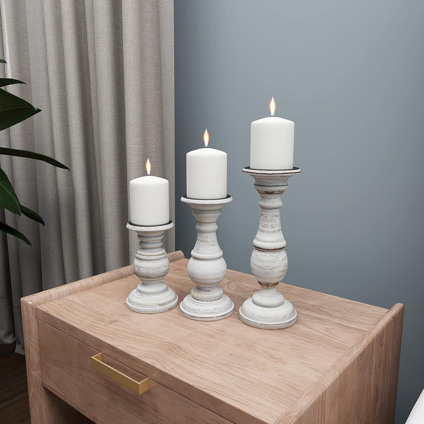 Deco 79 Mango Wood Decorative Candle Holder Distressed Turned Pillar Candle Stand, Set of 3 Candlestick Holder 6", 8", 10"H, Light Blue