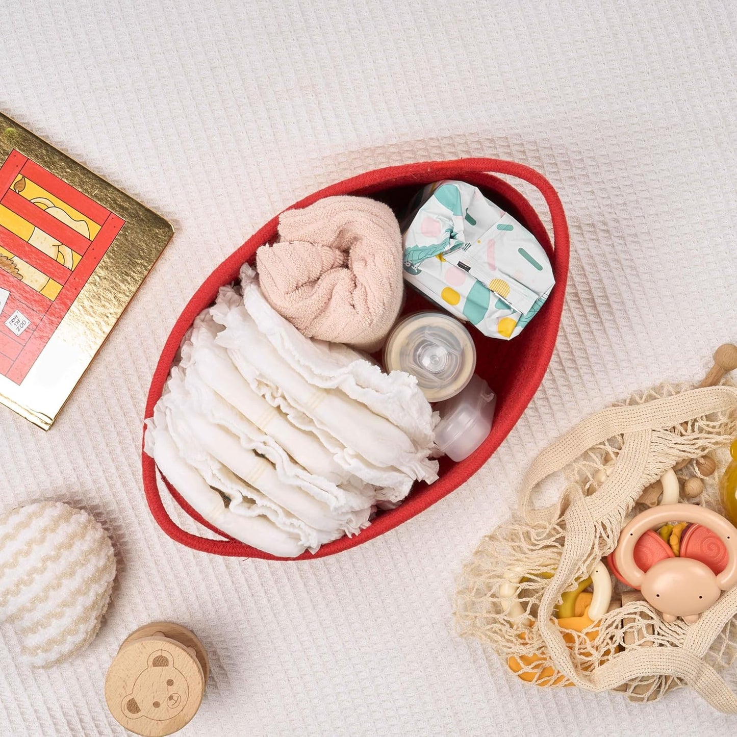 Small Woven Gift Basket Empty with Bag & Ribbon - Gifts for Mom, Baby Shower, Birthdays & Raffle - Cotton Rope Storage Basket for Dog Toys or Shelf - 12"x8"x5", White