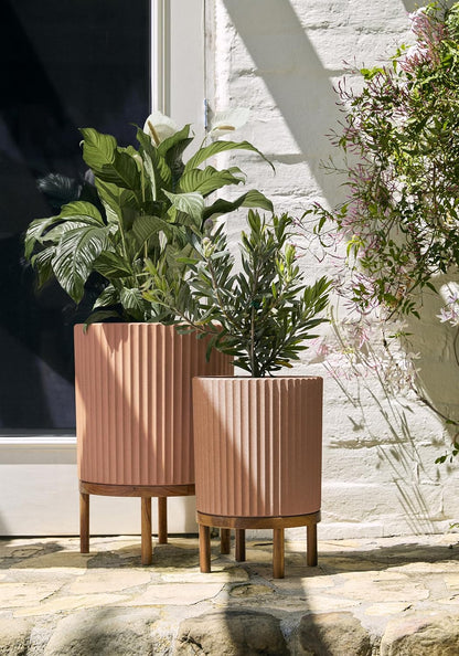 Veradek Demi Series Round Planter w/ Stand for Porch/Patio | Durable Plastic-Concrete & Wooden Stand | Modern Décor for Tall Plants, Flowers